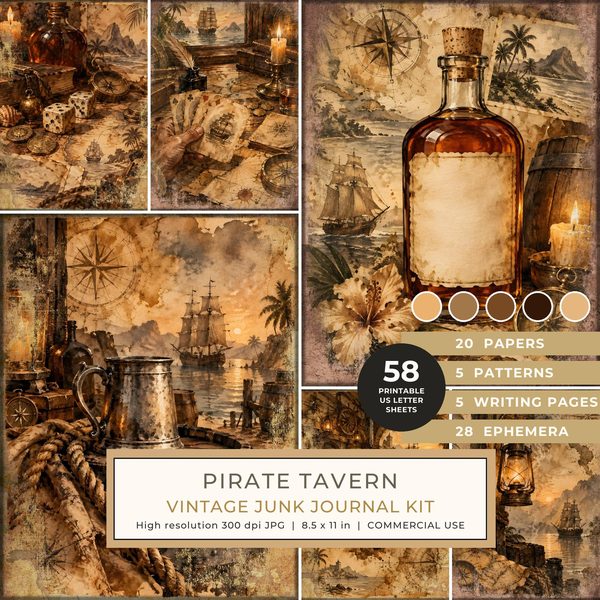 Pirate Tavern Junk Journal Kit: Digital Scrapbook Paper - Pirates and Privateers - Commercial Use