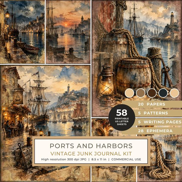 Ports and Harbors Junk Journal Kit: Scrapbook Paper - Pirates and Privateers - Commercial Use