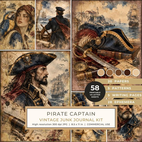 Pirate Captain Junk Journal Kit: Digital Scrapbook Paper - Pirates and Privateers - Commercial Use