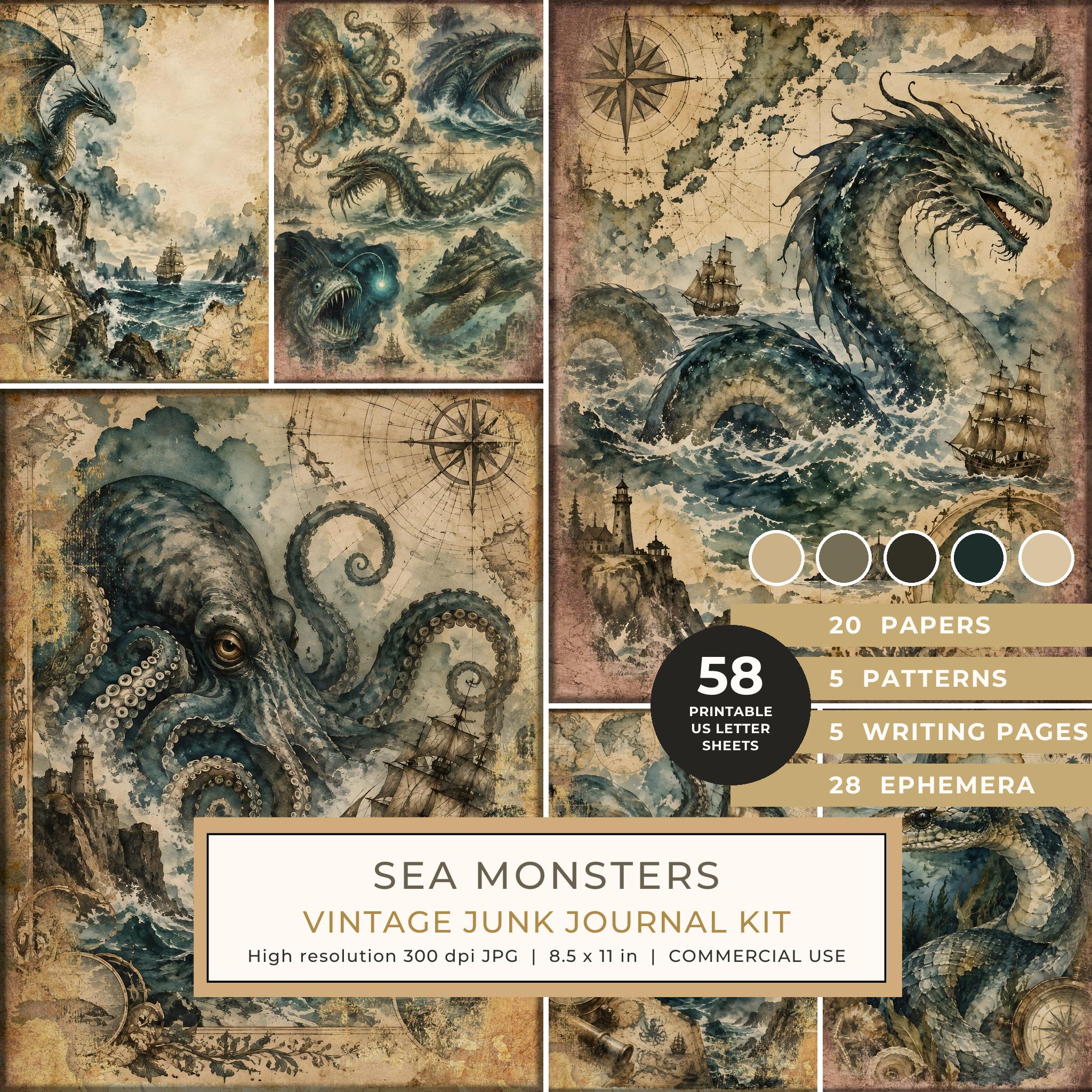Sea Monsters Junk Journal Kit: Digital Scrapbook Paper - Pirates and Privateers - Commercial Use