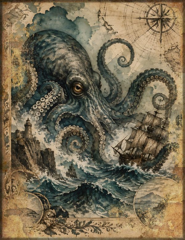 Sea Monsters Junk Journal Kit: Digital Scrapbook Paper - Pirates and Privateers - Commercial Use — image 1