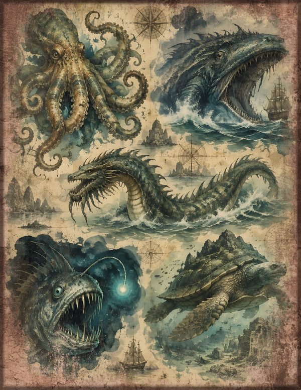 Sea Monsters Junk Journal Kit: Digital Scrapbook Paper - Pirates and Privateers - Commercial Use — image 4