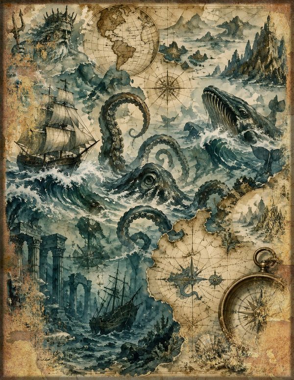 Sea Monsters Junk Journal Kit: Digital Scrapbook Paper - Pirates and Privateers - Commercial Use — image 19