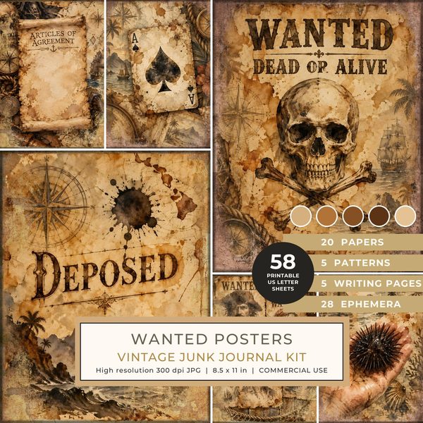Wanted Posters Junk Journal Kit: Digital Scrapbook Paper - Pirates and Privateers - Commercial Use