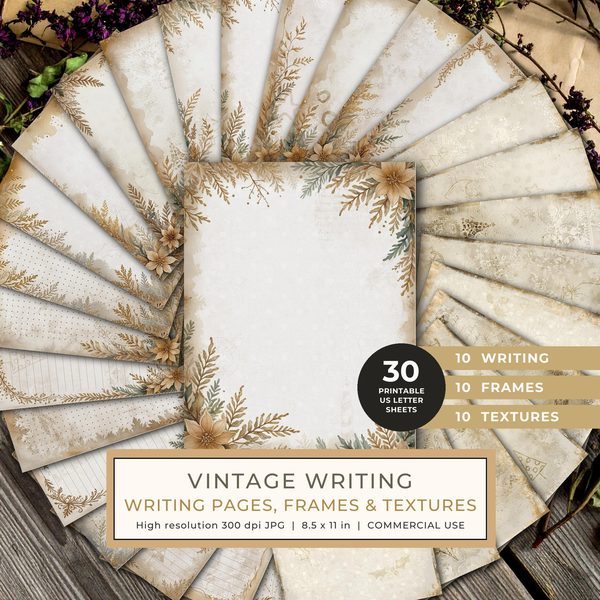 Journal Writing Pages: 30 Lined Frames and Textures - Vintage Writing - Commercial Use